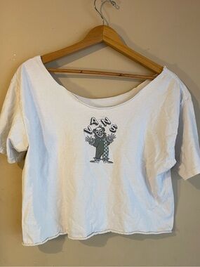 Vans Off The Wall White Skeleton Clown DIY Crop Top Raw Hem Wide Neck Tee M